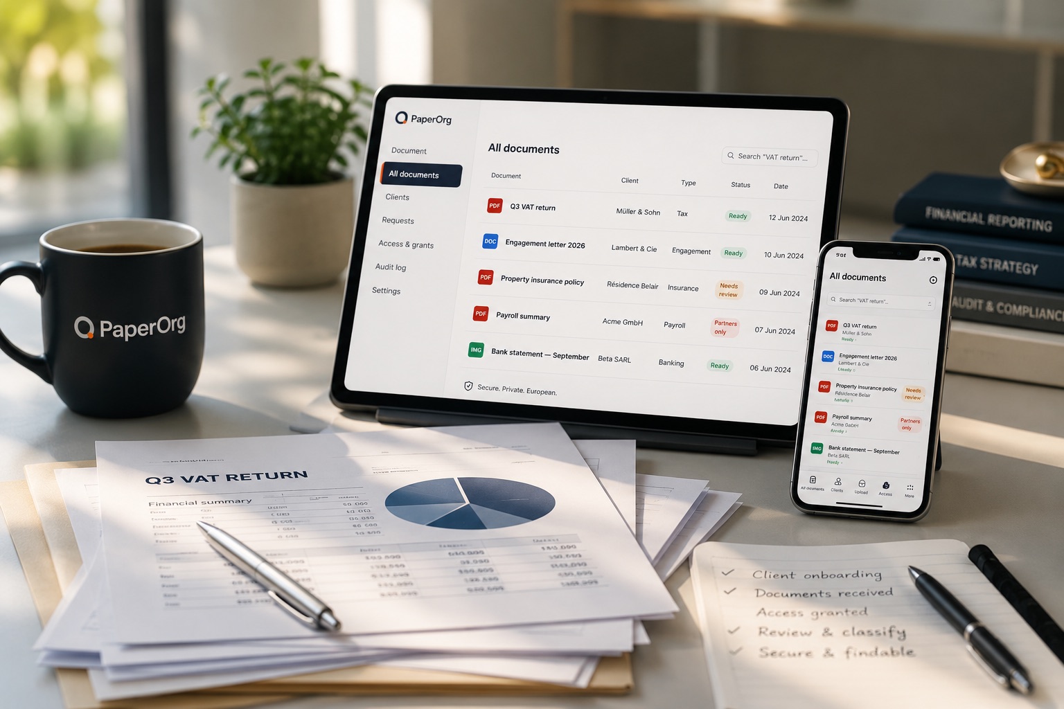 PaperOrg open on a tablet and phone — the same client documents, classified and searchable, next to the paperwork they replace.