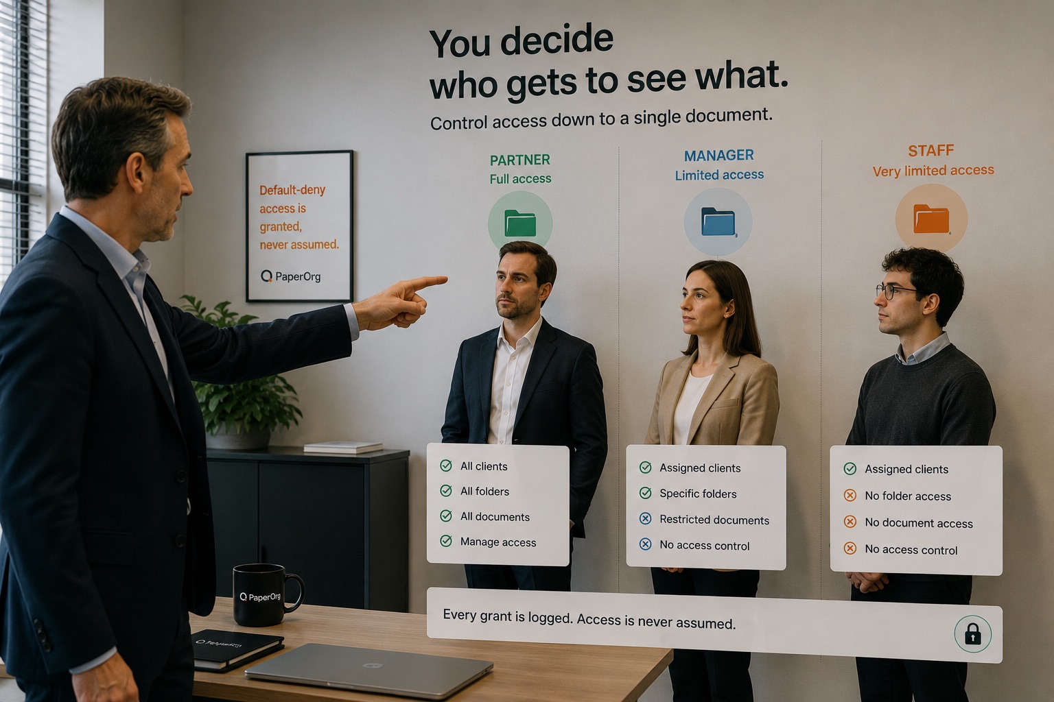 Partner, manager and staff access tiers side by side — full access, limited access, very limited — showing PaperOrg's per-client, per-document permissions.